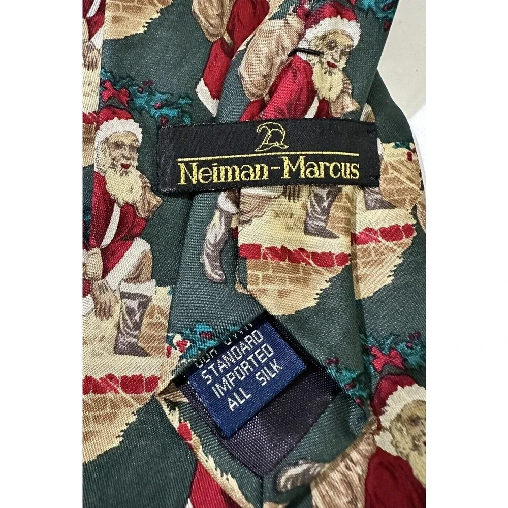 Neiman-Marcus Men's Tie Silk Necktie Dark Red Santa‎ Christmas Tie